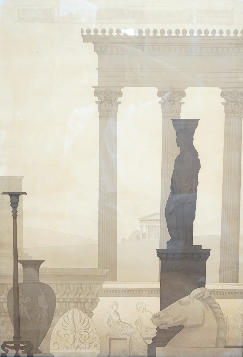 Eileen Phillips, Greek composition with classical columns and artefacts, signed, en grisaille watercolour, 72 x 50cm